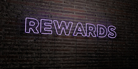 rewards -realistic neon sign on brick wall background - 3d rendered royalty free stock image. can be