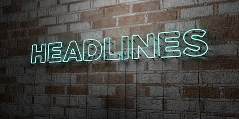 headlines - glowing neon sign on stonework wall - 3d rendered royalty free stock illustration. can b