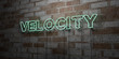 VELOCITY - Glowing Neon Sign on stonework wall - 3D rendered royalty free stock illustration.  Can be used for online banner ads and direct mailers..