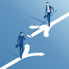 confused businessman standing at a crossroads and chooses the direction and savvy businessman who painted his own way, an employee with a roller draws its own direction, business concept choice