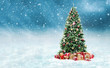canvas print picture - Geschmückter Christbaum mit Geschenken im Schnee