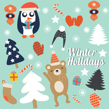 Christmas Cards With Cute Trees, Mittens And Christmas Toys, Penguin In Winter Cap With Gift And Dancing Bear. Vector Illustration.