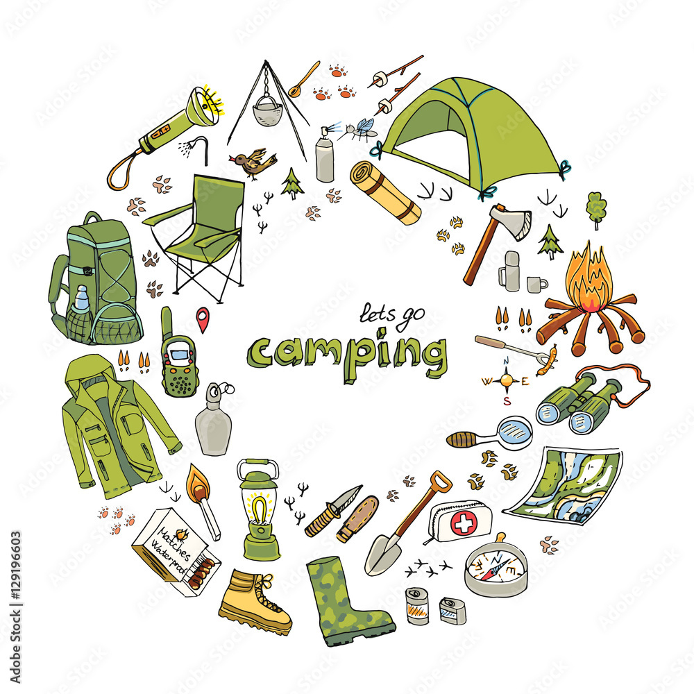 Set of hand drawn camping equipment symbols and icons. Vector ...