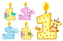 Set Happy First Birthday Candle And Animals Isolated On White Background. First Birthday Template For Greeting Cards, Invitations. Vector Illustration
