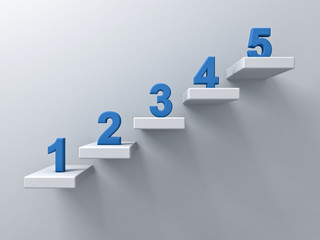 Poster - Abstract stairs or steps concept on white wall background with blue number from one to five 3D rendering