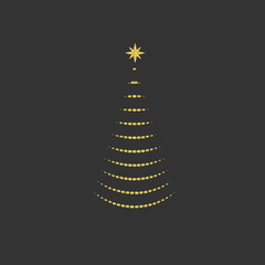 silhouette of a Christmas tree, logo, emblem, symbol, gold glitter interrupted. vector illustration.