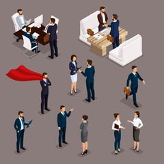 Wall Mural - Isometric People Isometric businessmen, businessman and business woman, business clothes work, brainstorming, teamwork, business meeting on a dark background