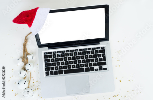 Top View Office Table Desktop Workspace With Laptop And Christmas