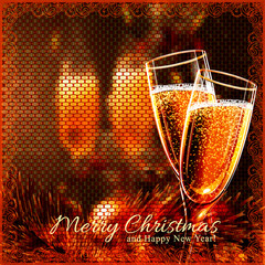 Happy New Year Card with glasses of champagne. Holiday golden background and glasses of champagne.