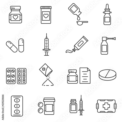 Medications icons set. Drugs in a variety of forms, thin line design