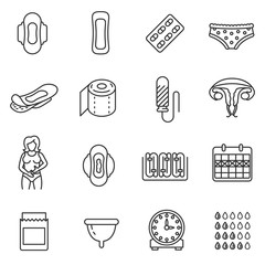 Menstruation icons set. Monthly menstrual cycle, thin line design. Linear symbols collection. Tracking of the menstrual cycle, isolated vector. Hygiene products