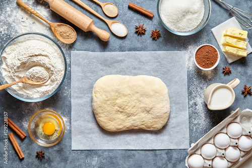 Dough Preparation Recipe Homemade Traditional Bread Pizza Or Pie Pizza Or Pie Ingrints Food Flat Lay On Kitchen Table Background Working With Er Milk Yeast Flour Eggs Sugar Pastry Bakery See More