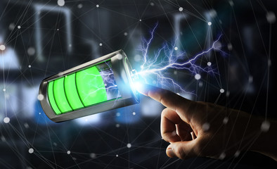 Poster - Man touching 3D render battery with lightning with his finger