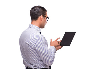 Businessman using his tablet computer isolated on white