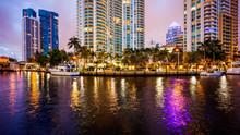 Fort Lauderdale, Florida City Skyline At Night On New River