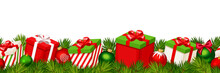 Vector Christmas Horizontal Seamless Background With Red And Green Gift Boxes, Balls And Fir-tree Branches.