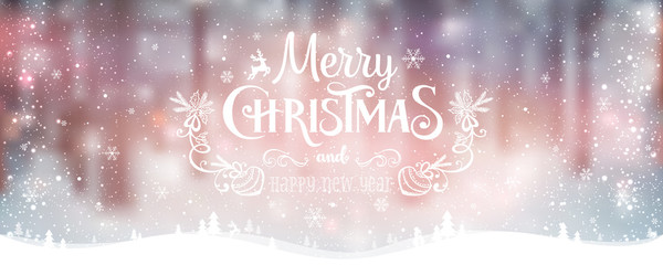 Wall Mural - merry christmas and new year typographical on holidays background with winter landscape with snowfla