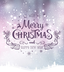 Wall Mural - Christmas and New Year typographical on background with winter landscape with snowflakes, light, stars. Xmas card. Vector Illustration