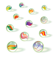Set Of Colorful Realistic Glass Toy Marbles. Vintage Children's Game.