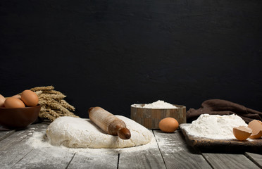 Poster - Dough with wooden rolling pin, flour and eggs