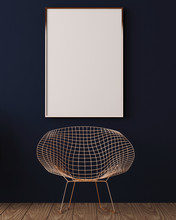 Mock Up Poster In A Frame In The Interior With A Copper Stool. Hipster Style. Art Deco. 3d Illustration.