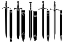 Sword With Scabbard. Set Of Different Models. Black Icons