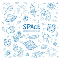 Sticker - abstract space background with planets, stars, spaceships and universe objects. hand drawn doodles v