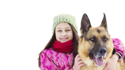 Wall Mural - girl and a German shepherd on a white background isolated