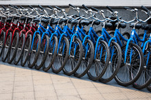 Bicycles Stand In A Row On A Parking For Rent