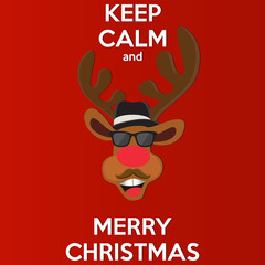 Wall Mural - Happy New Year and Merry Christmas. Hipster deer in a hat, sunglasses and mustache on a red background. Keep Calm.