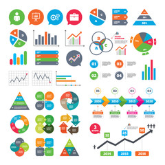 Poster - Business charts. Growth graph. Business icons. Human silhouette and presentation board with charts signs. Case and gear symbols. Market report presentation. Vector