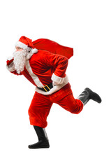 Wall Mural - Santa Claus running at New Year or Christmas delivery rush with gift bag full of presents on white background