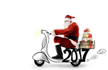 Wall Mural - Santa Claus driving scooter to deliver Christmas or New Year gifts, isolated on white background