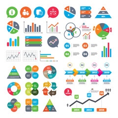 Wall Mural - Business charts. Growth graph. Information sign. Group of people and database symbols. Chat speech bubbles sign. Communication icons. Market report presentation. Vector