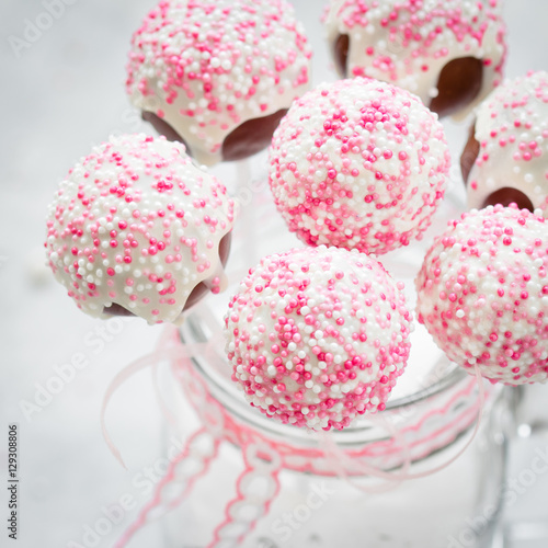 White And Pink Cake Pops In Mason Jar Buy This Stock Photo And