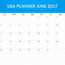 USA Planner Blank For June 2017. Scheduler, Agenda Or Diary Template. Week Starts On Sunday