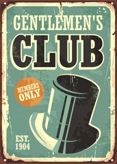 Gentlemen club retro poster design layout with hat on old metal texture