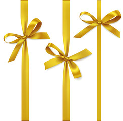 Wall Mural - vector set of decorative golden bows with vertical ribbon isolated on white. yellow bow for gift dec
