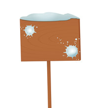Empty Wooden Sign With Snow Cap And Snowballs Thrown At A Wood Isolated On White Background With Copy Space