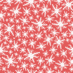 Hand drawn snowflake winter seamless pattern background. Snow falling on blue background. Xmas and New Year Winter holiday Christmas New Year decoration.