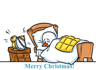 Canvas Print - Christmas snowman character sleeping bed alarm clock  cartoon illustration 