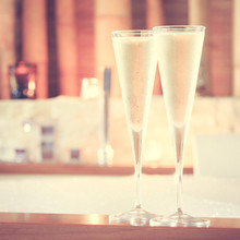 Two glasses of champagne near jacuzzi. Valentines background. Ro