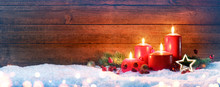 Advent Season - Four Red Candles On Snow With Vintage Wood
