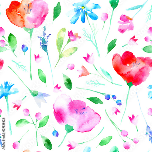 Cotton fabric Nahtlose Blumenmuster mit Mohn Blumen, Bluebell, Lavendel, Kornblume, Kamille und Daisy. Aquarell handgezeichnete Abbildung. Weißen Hintergrund.