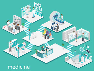 Isometric flat interior of hospital room, pharmacy, doctor's office,