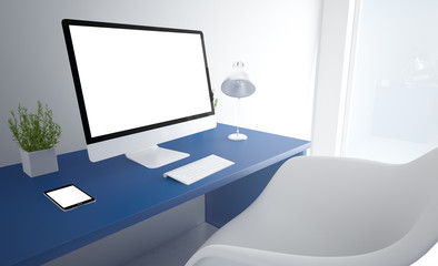 Wall Mural - blue office computer white screen