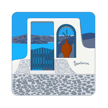 Blue Gate At Santorini Island In Greece