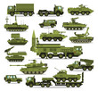 Big set of military equipment. Heavy, reservations and special transport. Equipment for the war. The missile, tanks, trucks, armored vehicles, artillery pieces. Isolated objects. Vector illustration