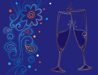 Vector illustration with two contour champagne glasses or flute in gold on the blue background with dotted swirls and snowflakes. Decor in dotwork style for holiday winter design and New Year theme.