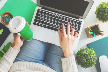 Wall Mural - Woman with coffee using laptop